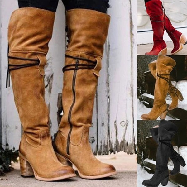 Women's round toe thick heel European and American women's leather boots side zipper fashion boots thick shock-absorbing high heels