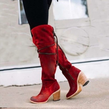 Women's round toe thick heel European and American women's leather boots side zipper fashion boots thick shock-absorbing high heels