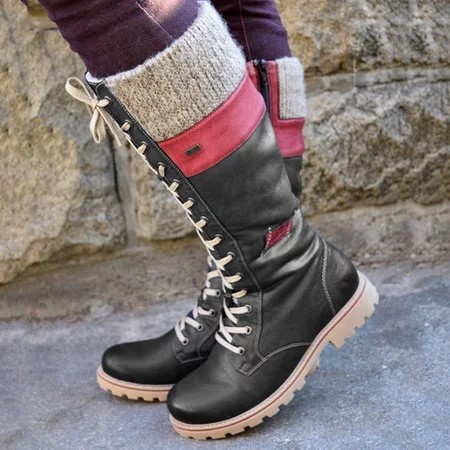 Women's round toe casual leather boots side zipper Martin boots thick sole warm boots mid heel women's shoes