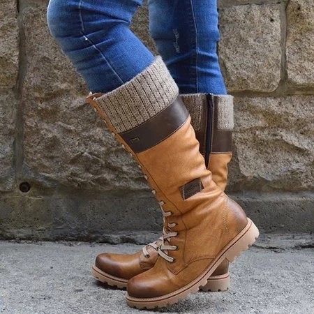 Women's round toe casual leather boots side zipper Martin boots thick sole warm boots mid heel women's shoes