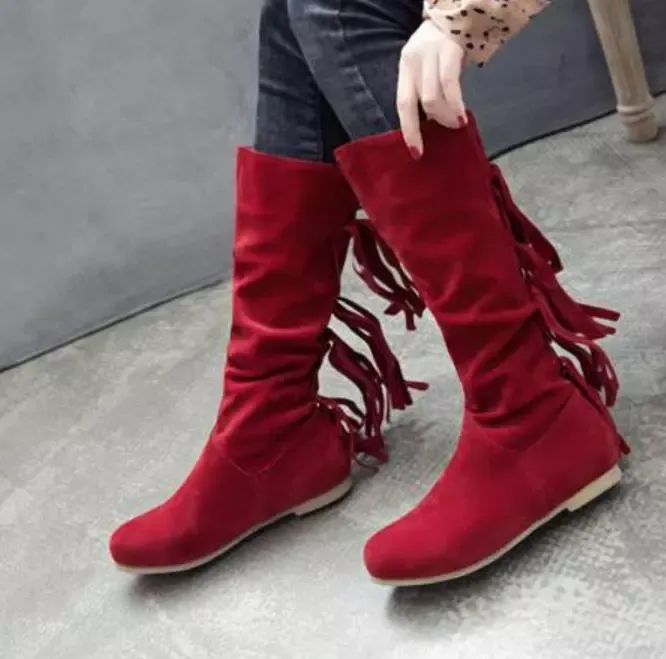 Women's round toe European and American women's leather boots sleeve tassel boots thick waterproof high heel women's shoes