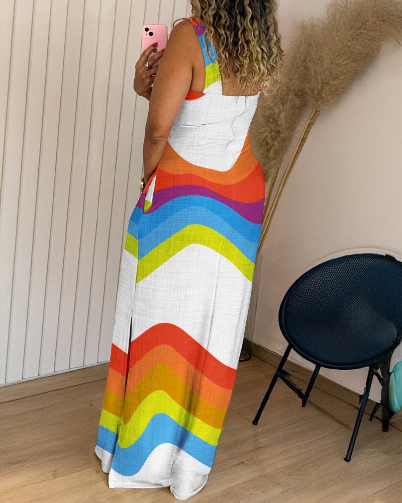 Geometric Print Thick Strap Dress Casual Slim Fit Slit Maxi Dress with Pockets
