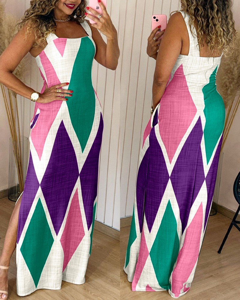 Geometric Print Thick Strap Dress Casual Slim Fit Slit Maxi Dress with Pockets