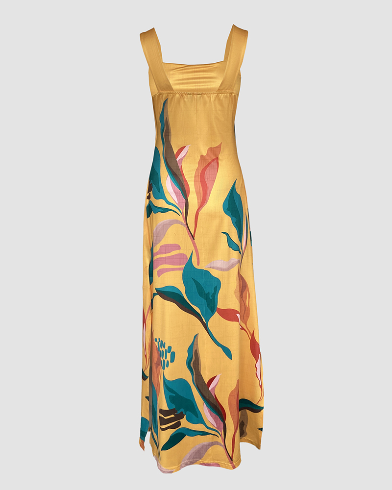 Geometric Print Thick Strap Dress Casual Slim Fit Slit Maxi Dress with Pockets