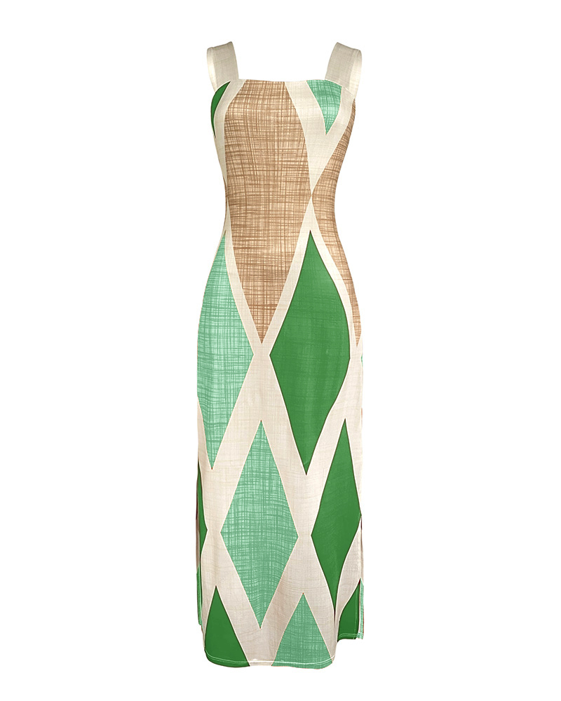Geometric Print Thick Strap Dress Casual Slim Fit Slit Maxi Dress with Pockets