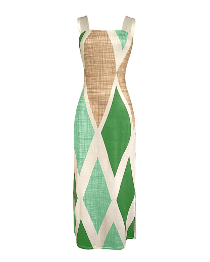 Geometric Print Thick Strap Dress Casual Slim Fit Slit Maxi Dress with Pockets