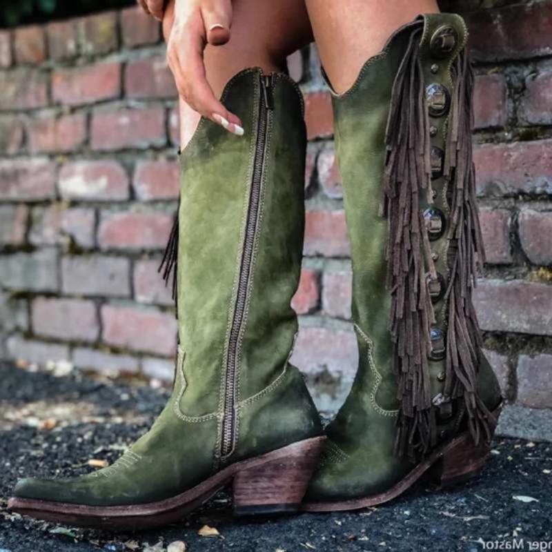 Knee high fringed cowboy boots retro western boots for women vintage b