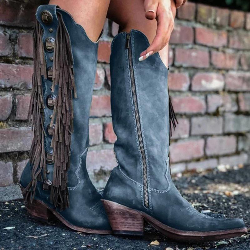 Knee high fringed cowboy boots retro western boots for women vintage block heel boots