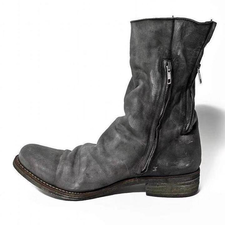 2025 Winter Round Toe Retro Leather Boots Side Zipper Martin Boots Mid Heel Women's Shoes Men and Women Couples