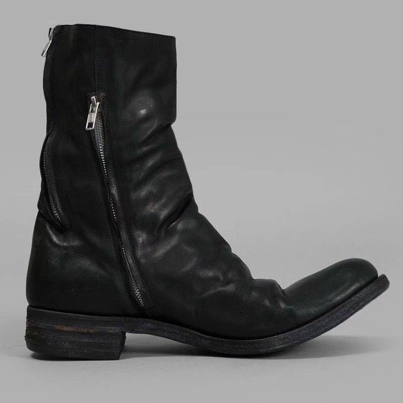 2025 Winter Round Toe Retro Leather Boots Side Zipper Martin Boots Mid Heel Women's Shoes Men and Women Couples