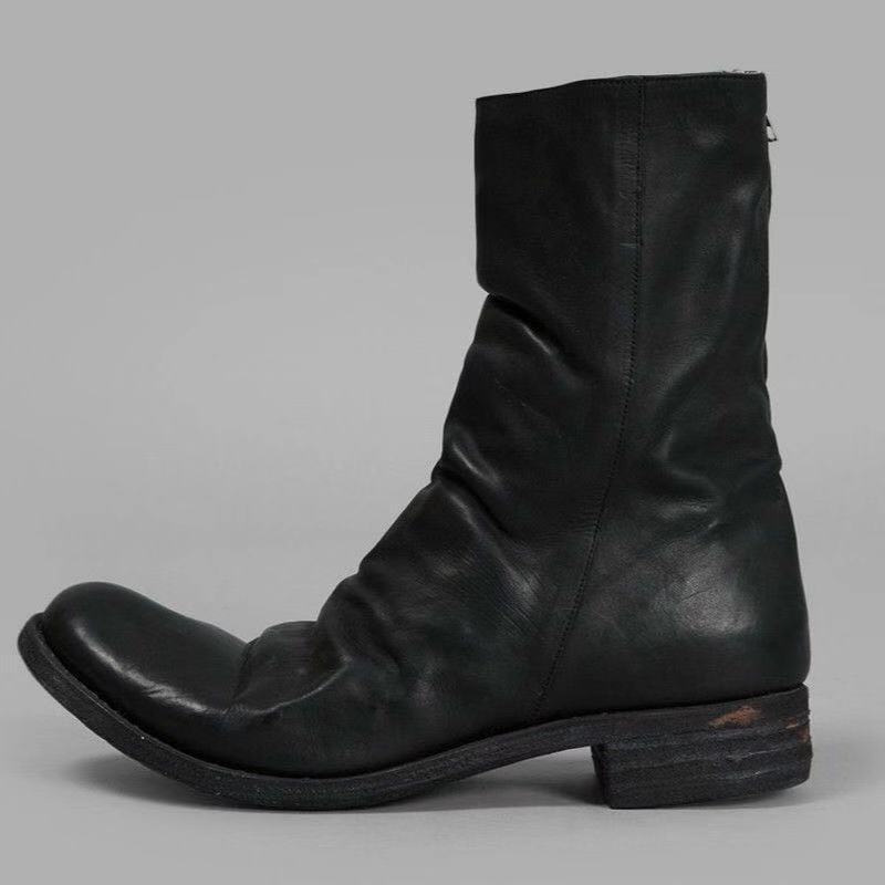 2025 Winter Round Toe Retro Leather Boots Side Zipper Martin Boots Mid Heel Women's Shoes Men and Women Couples