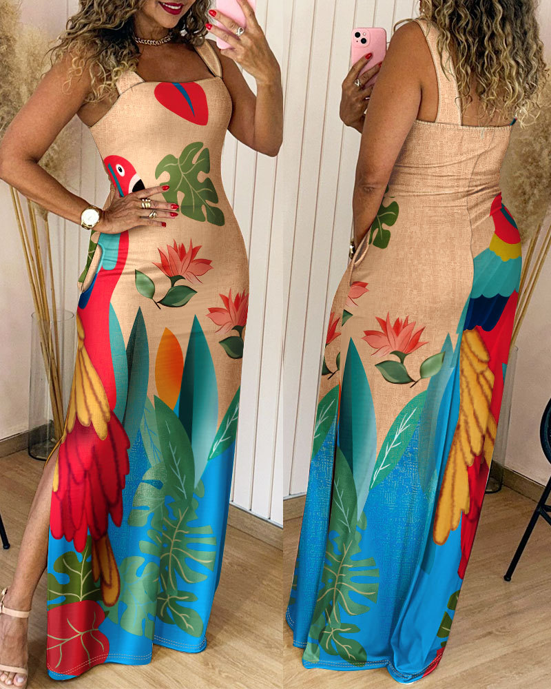 Geometric Print Thick Strap Dress Casual Slim Fit Slit Maxi Dress with Pockets