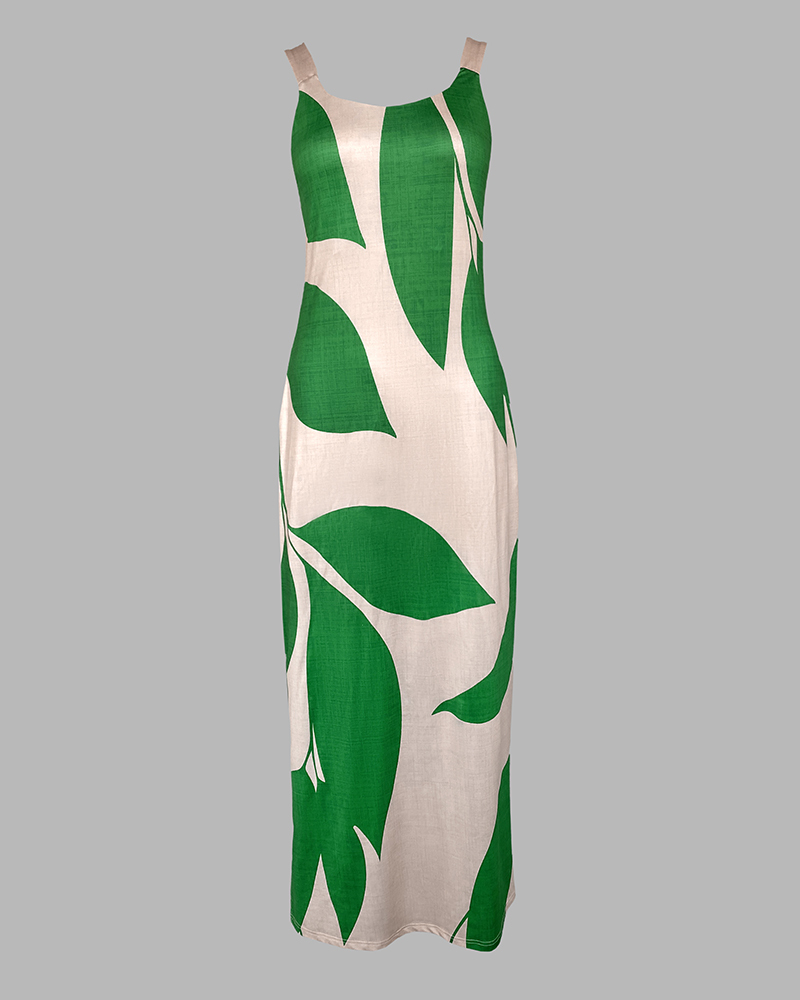 Geometric Print Thick Strap Dress Casual Slim Fit Slit Maxi Dress with Pockets