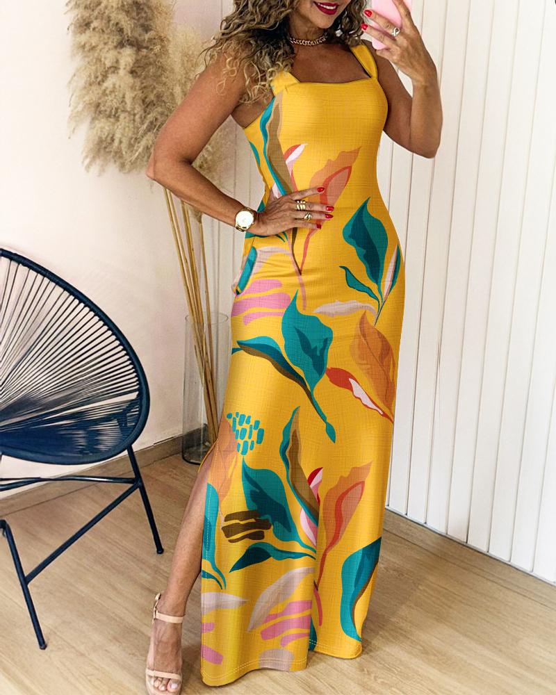 Geometric Print Thick Strap Dress Casual Slim Fit Slit Maxi Dress with Pockets
