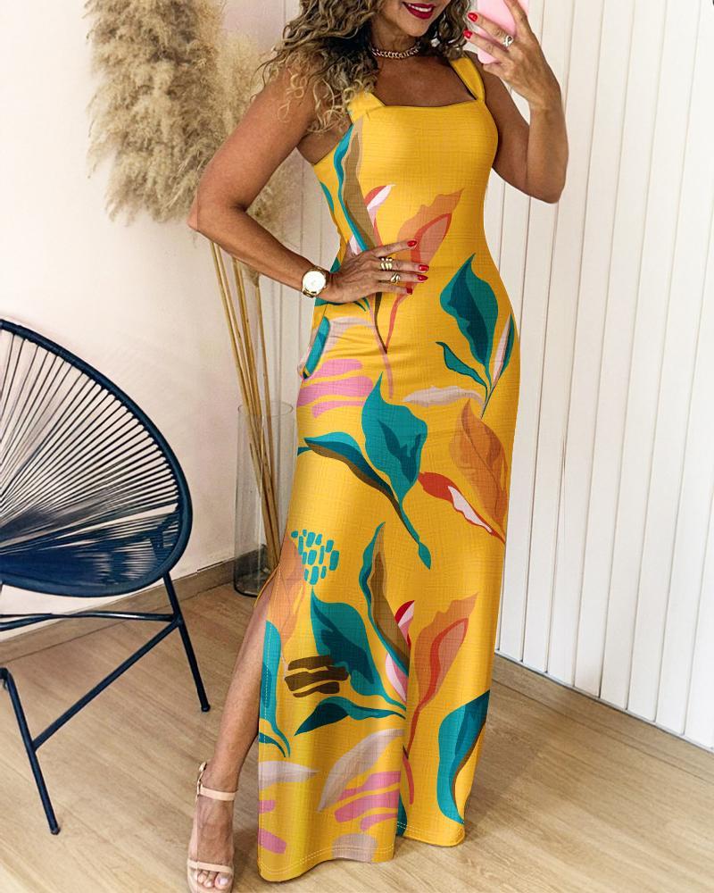 Geometric Print Thick Strap Dress Casual Slim Fit Slit Maxi Dress with Pockets
