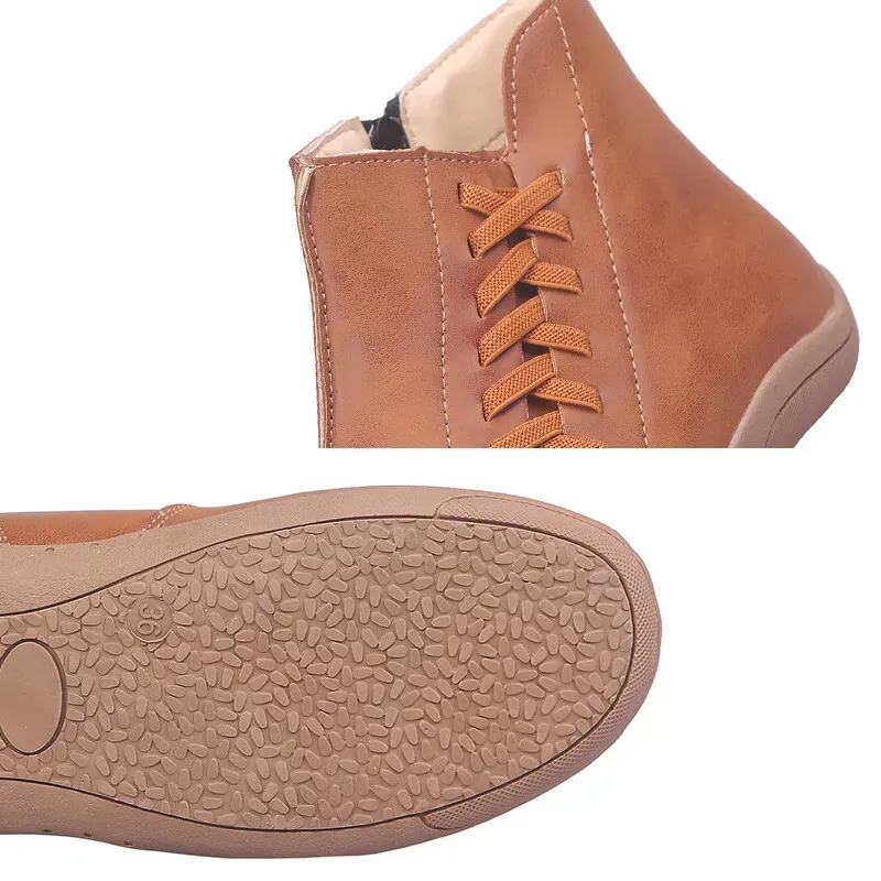 Casual Women's Round Toe Flat Ankle Boots Side Zip Autumn Winter Shoes Low Heels