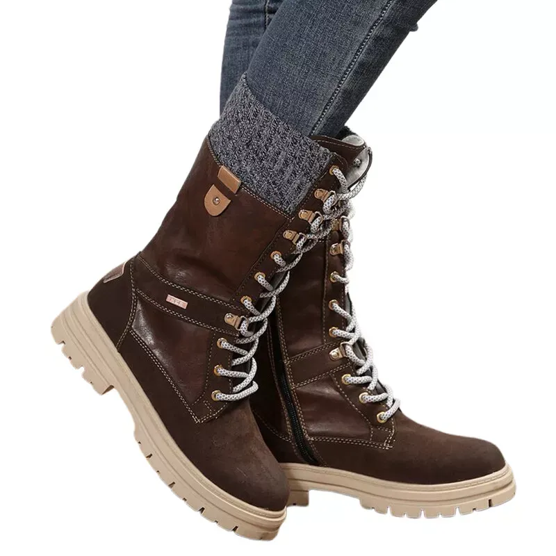 Ladies Riding Boot Side Zipper Mid-Calf Boots Combat Women Casual Lace Up Shoes