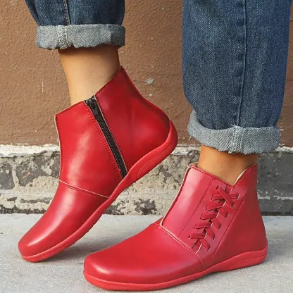 Casual Women's Round Toe Flat Ankle Boots Side Zip Autumn Winter Shoes Low Heels