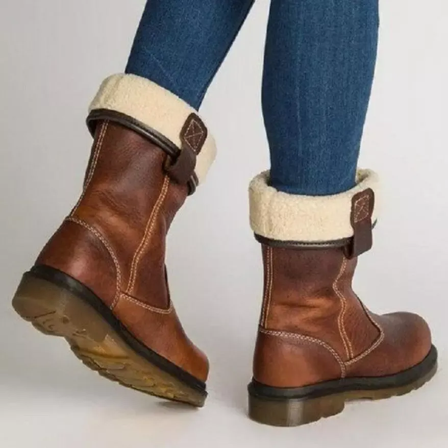 Womens Round Toe Knight Cowboy Faux Fleece Lined Mid Calf Boots Warm Shoes