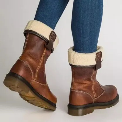 Womens Round Toe Knight Cowboy Faux Fleece Lined Mid Calf Boots Warm Shoes