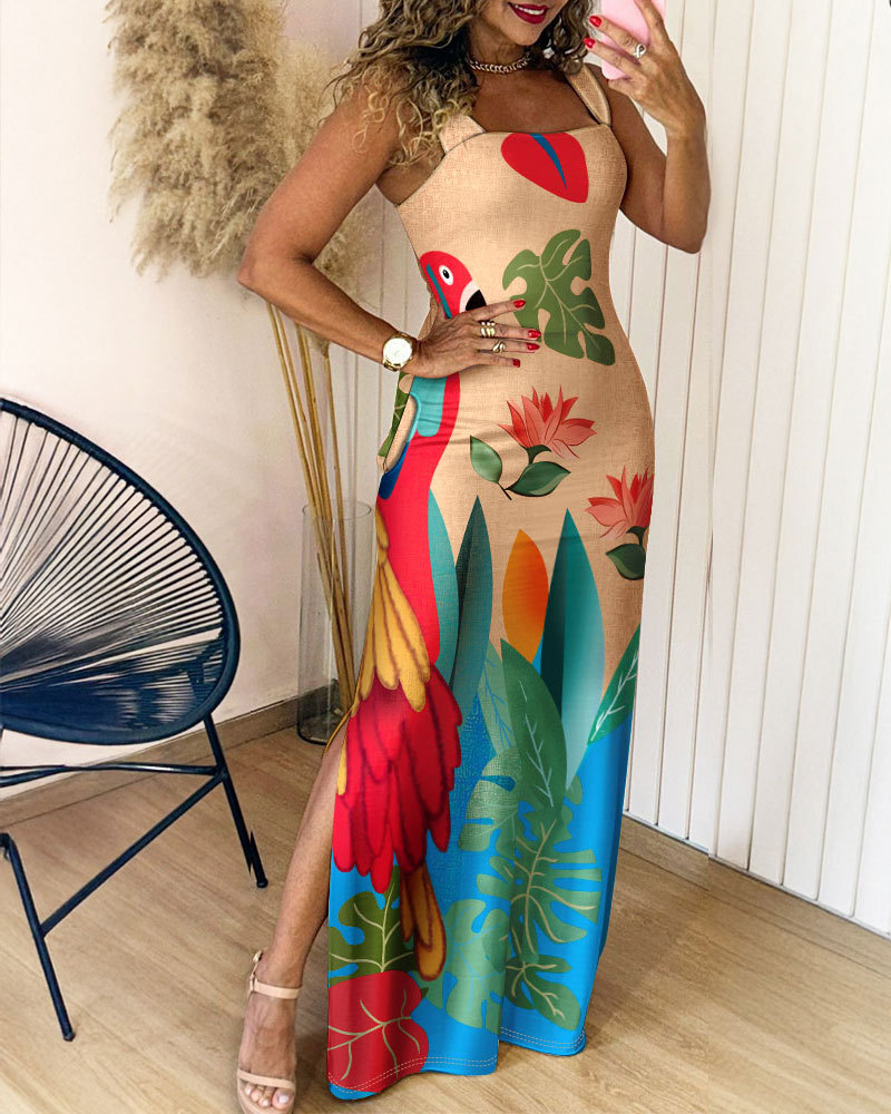 Geometric Print Thick Strap Dress Casual Slim Fit Slit Maxi Dress with Pockets