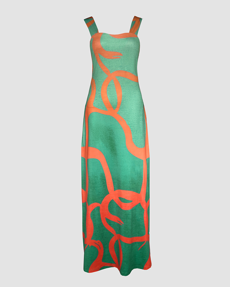 Geometric Print Thick Strap Dress Casual Slim Fit Slit Maxi Dress with Pockets