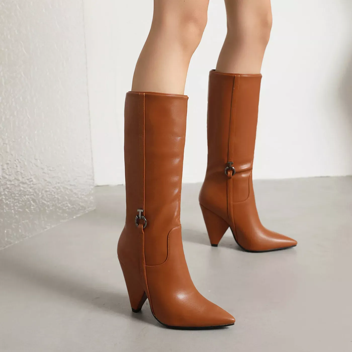 Sexy Botas de salón para mujer hasta la rodilla de cuero punta puntiaguda tacón de bloque cremalera media talla