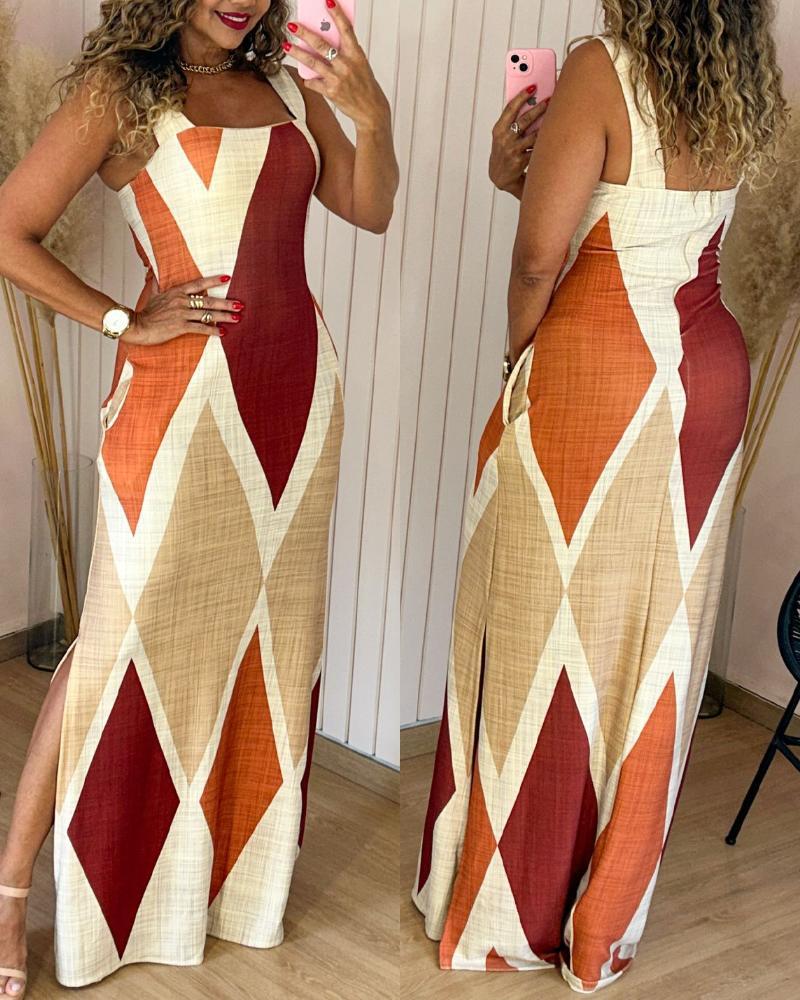 Geometric Print Thick Strap Dress Casual Slim Fit Slit Maxi Dress with