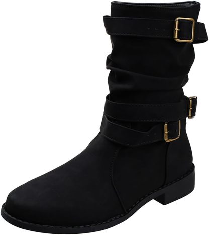 Women's Vintage Buckle Ankle Boots 2025 New Combat Ankle Boots Fashion PU Leather Short Boots Autumn Winter Motorcycle Short Boots Casual Slip-On Ankle Boots Suitable for Outdoor Party
