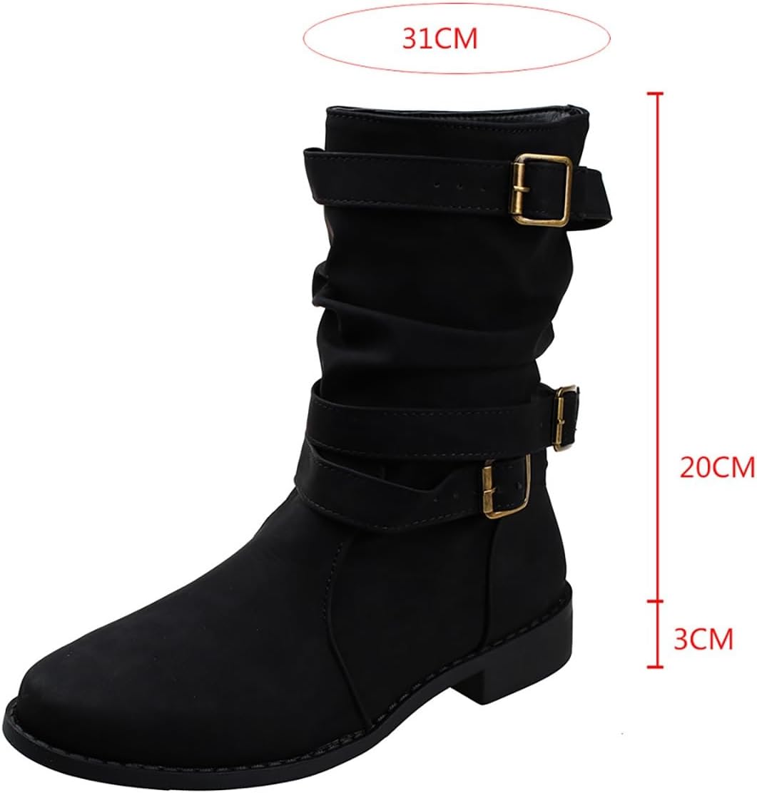 Women's Vintage Buckle Ankle Boots 2025 New Combat Ankle Boots Fashion PU Leather Short Boots Autumn Winter Motorcycle Short Boots Casual Slip-On Ankle Boots Suitable for Outdoor Party