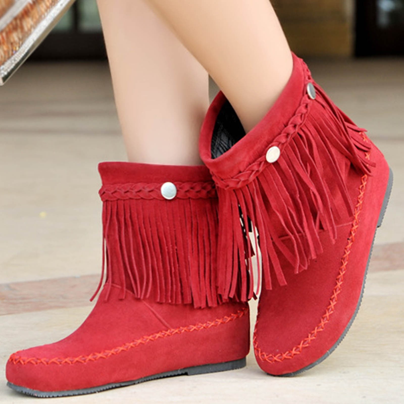 Women's Flats Mid Calf Boots-Warm Square Toe Boots for Women Lug Sole Christmas Fashion Winter Non Slip Shoes for Women Womens Boots Clearance