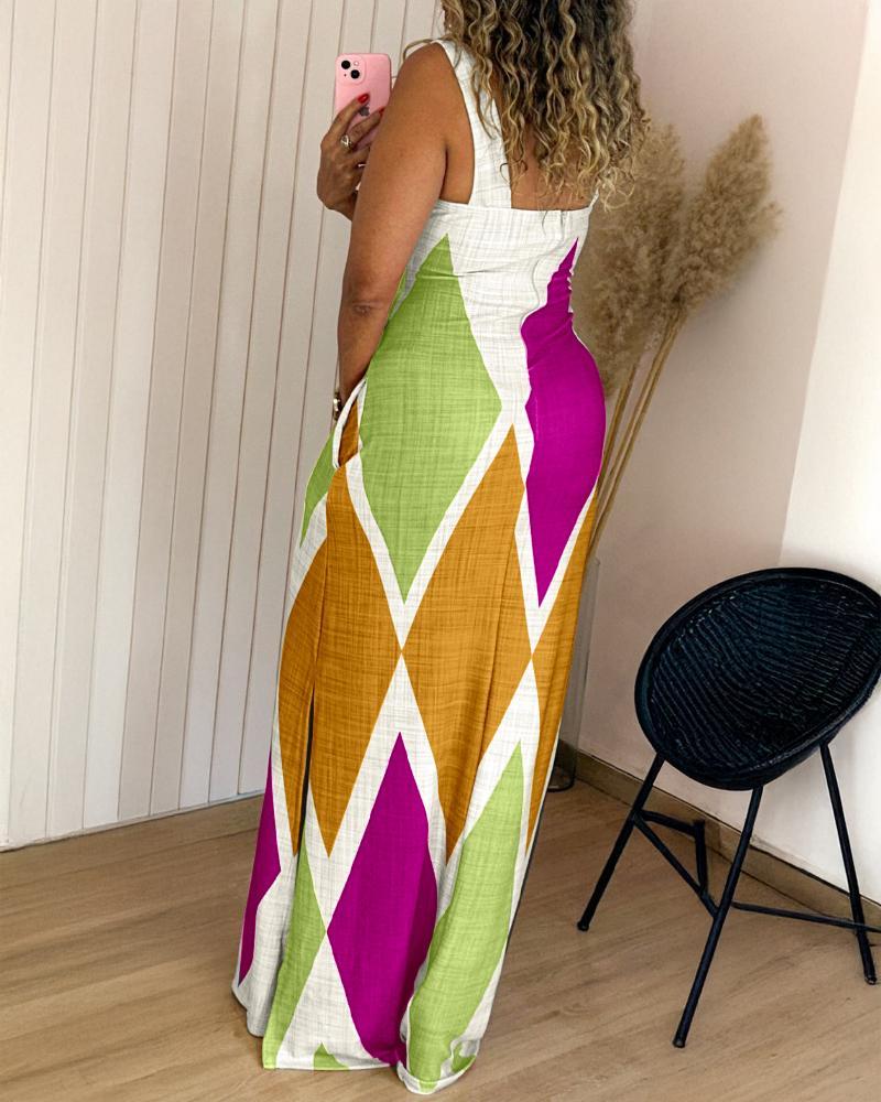 Geometric Print Thick Strap Dress Casual Slim Fit Slit Maxi Dress with Pockets