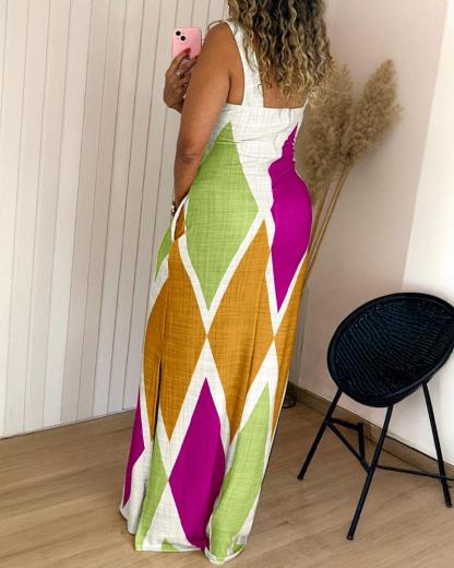 Geometric Print Thick Strap Dress Casual Slim Fit Slit Maxi Dress with Pockets