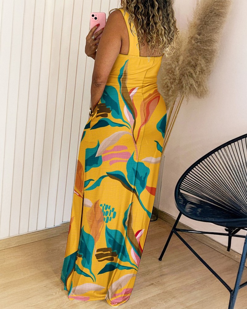 Geometric Print Thick Strap Dress Casual Slim Fit Slit Maxi Dress with Pockets