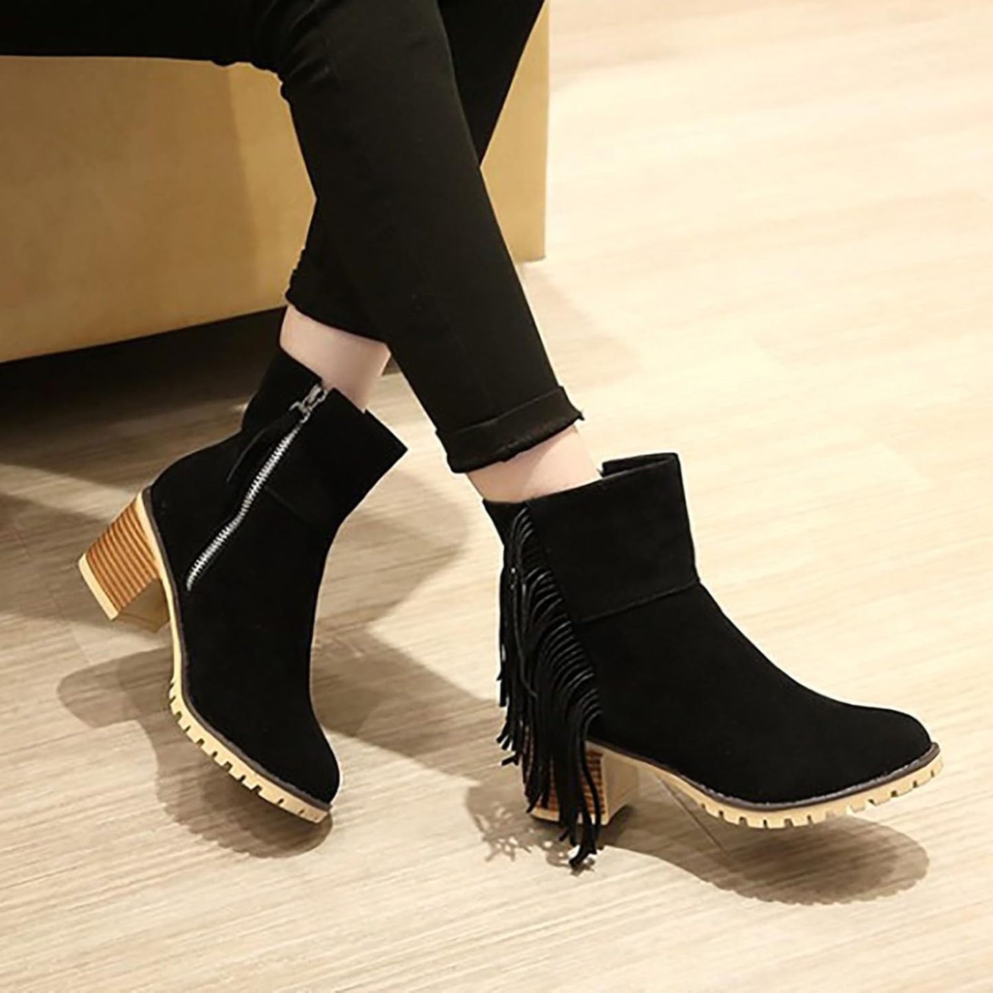 Women Shoes Fashion Ankle Long Boots Thick High Heels Over Knee Pleated Suede Long Boots Tan Flat Boots for Women