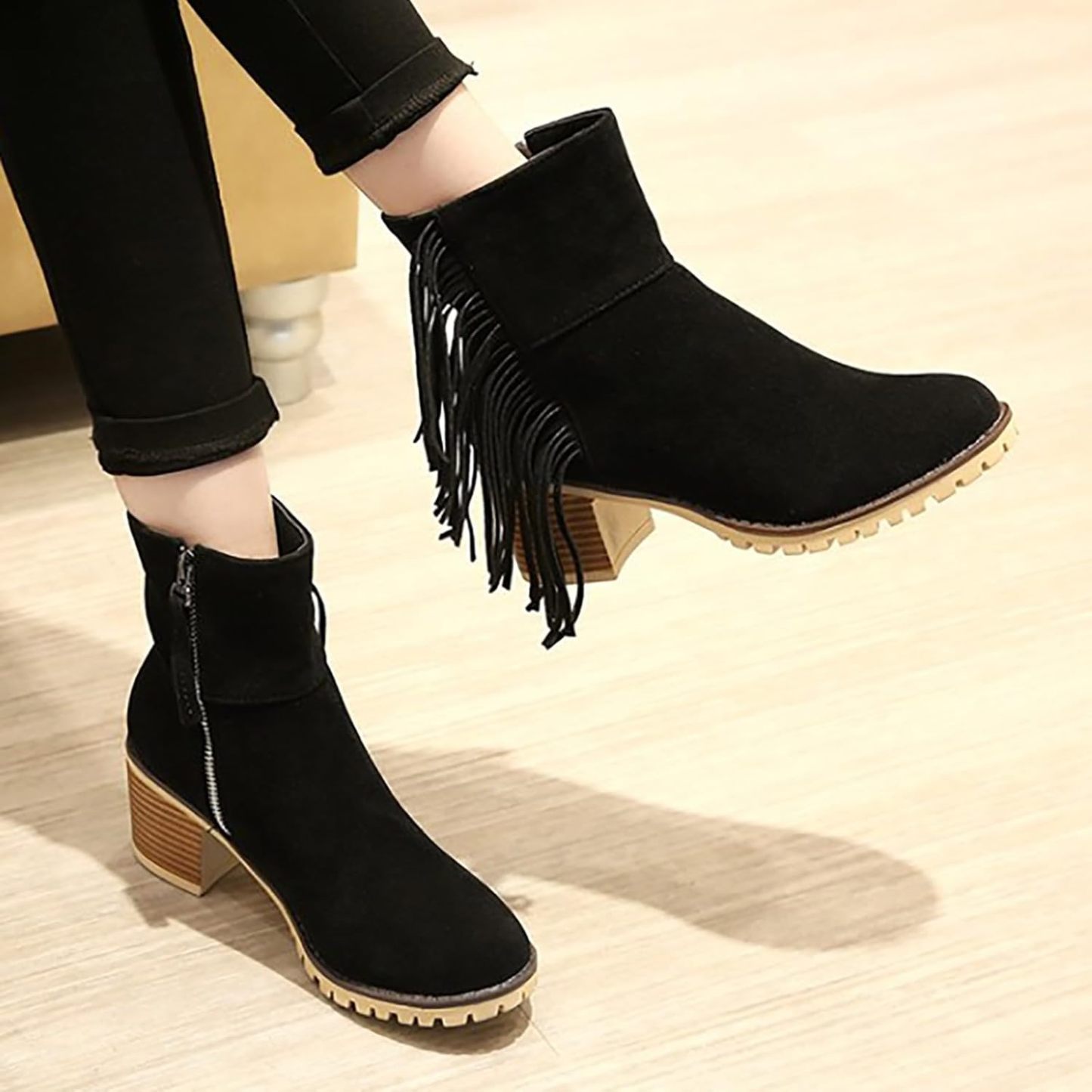 Women Shoes Fashion Ankle Long Boots Thick High Heels Over Knee Pleated Suede Long Boots Tan Flat Boots for Women