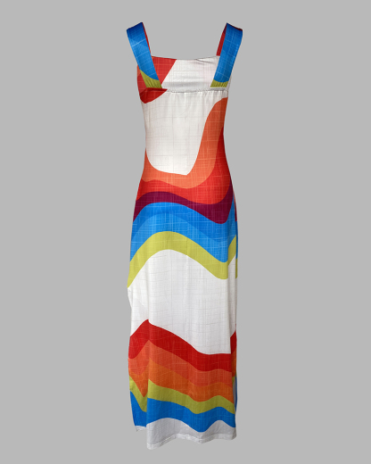Geometric Print Thick Strap Dress Casual Slim Fit Slit Maxi Dress with Pockets