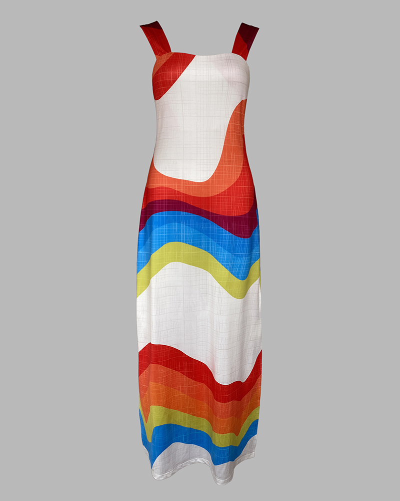 Geometric Print Thick Strap Dress Casual Slim Fit Slit Maxi Dress with Pockets