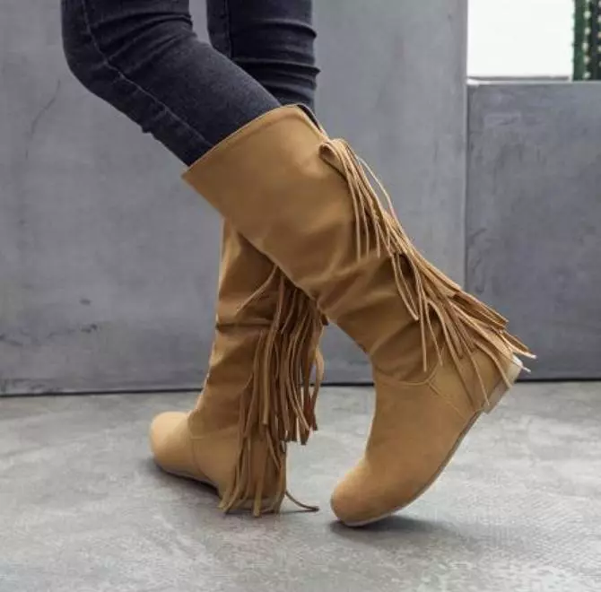 Women's round toe European and American women's leather boots sleeve tassel boots thick waterproof high heel women's shoes