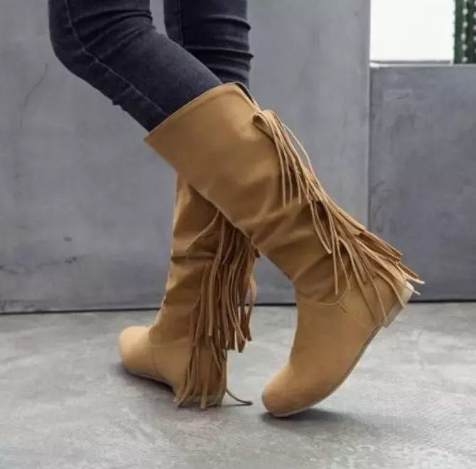 Women's round toe European and American women's leather boots sleeve tassel boots thick waterproof high heel women's shoes