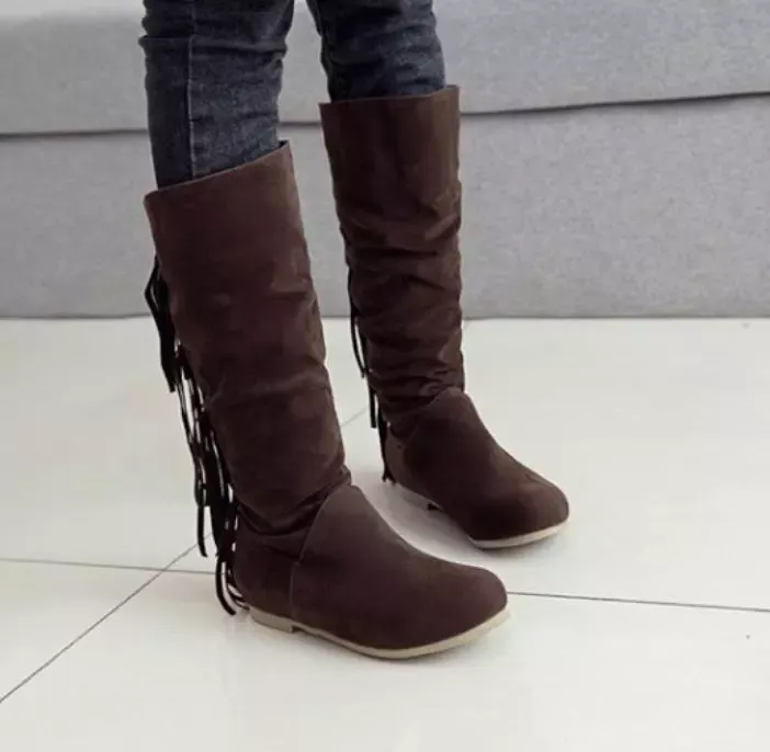 Women's round toe European and American women's leather boots sleeve tassel boots thick waterproof high heel women's shoes
