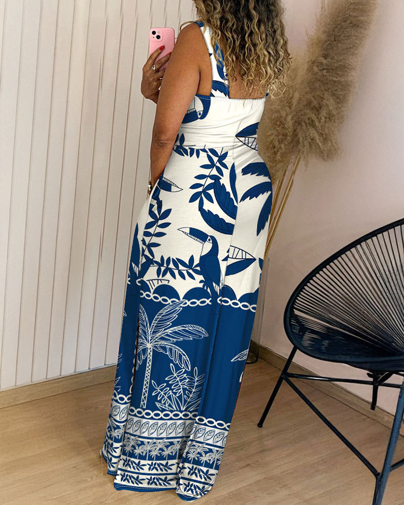 Geometric Print Thick Strap Dress Casual Slim Fit Slit Maxi Dress with Pockets
