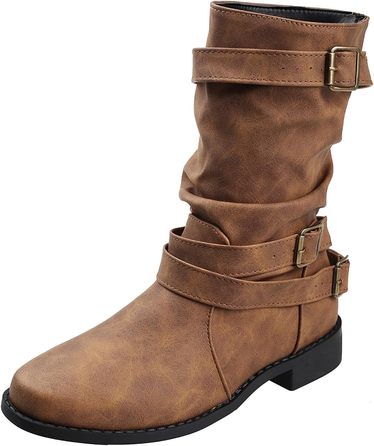 Women's Vintage Buckle Ankle Boots 2025 New Combat Ankle Boots Fashion PU Leather Short Boots Autumn Winter Motorcycle Short Boots Casual Slip-On Ankle Boots Suitable for Outdoor Party