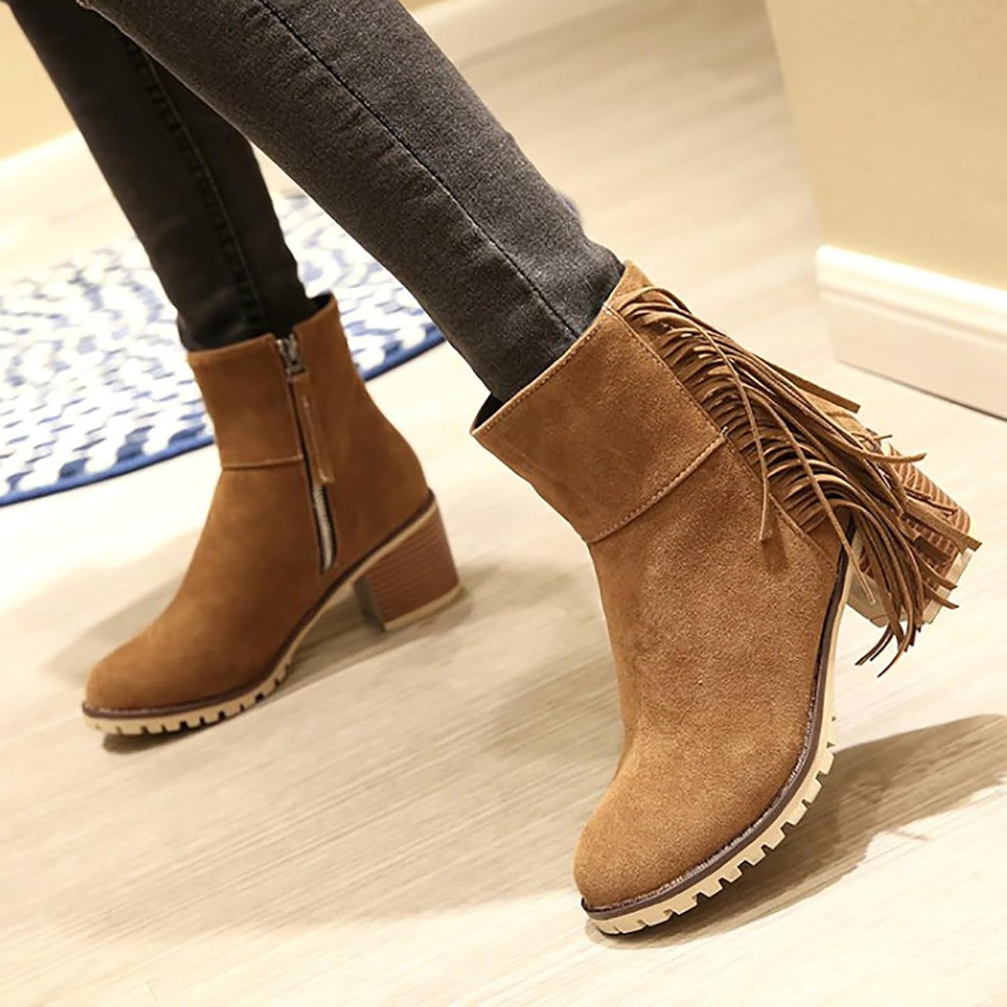 Women Shoes Fashion Ankle Long Boots Thick High Heels Over Knee Pleated Suede Long Boots Tan Flat Boots for Women