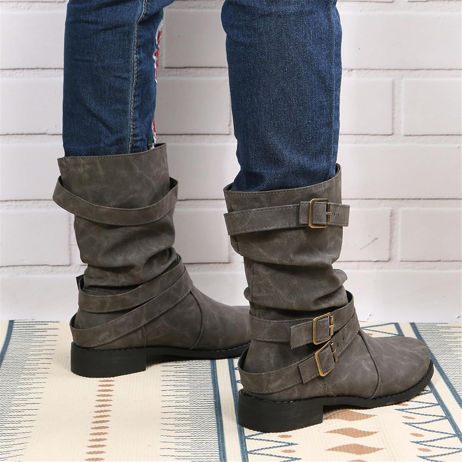 Women's Vintage Buckle Ankle Boots 2025 New Combat Ankle Boots Fashion PU Leather Short Boots Autumn Winter Motorcycle Short Boots Casual Slip-On Ankle Boots Suitable for Outdoor Party