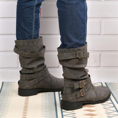 Women's Vintage Buckle Ankle Boots 2025 New Combat Ankle Boots Fashion PU Leather Short Boots Autumn Winter Motorcycle Short Boots Casual Slip-On Ankle Boots Suitable for Outdoor Party