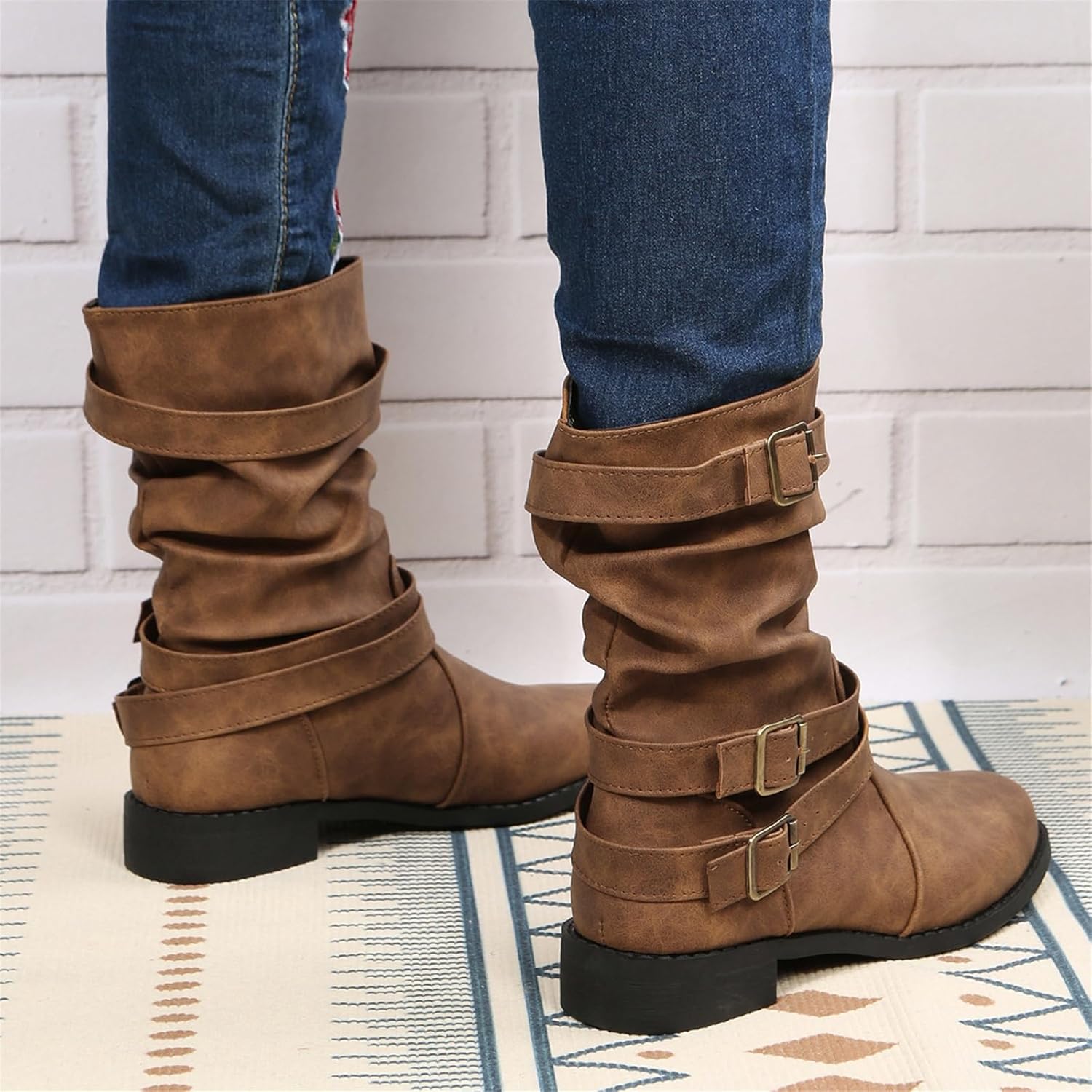 Women's Vintage Buckle Ankle Boots 2025 New Combat Ankle Boots Fashion PU Leather Short Boots Autumn Winter Motorcycle Short Boots Casual Slip-On Ankle Boots Suitable for Outdoor Party