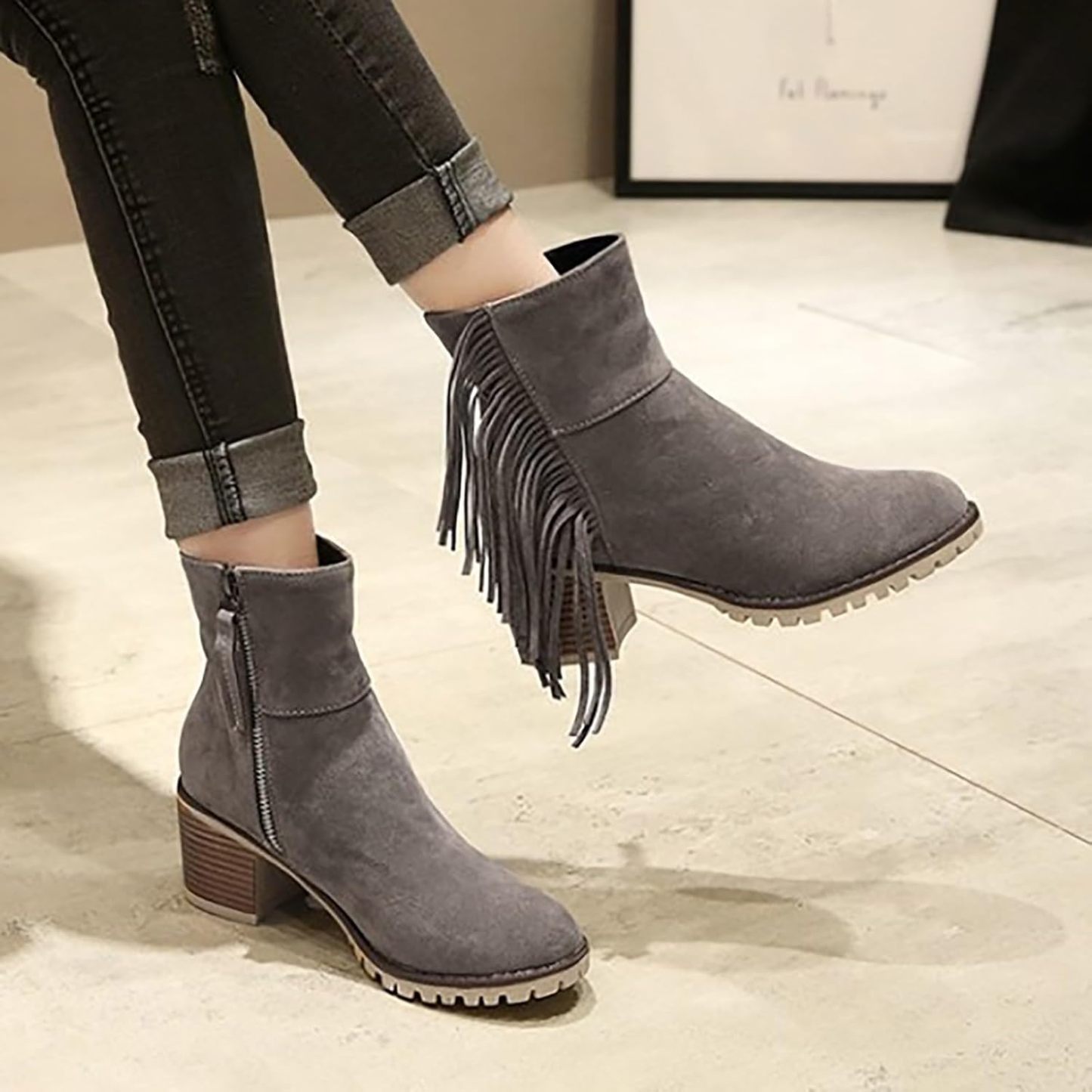 Women Shoes Fashion Ankle Long Boots Thick High Heels Over Knee Pleated Suede Long Boots Tan Flat Boots for Women