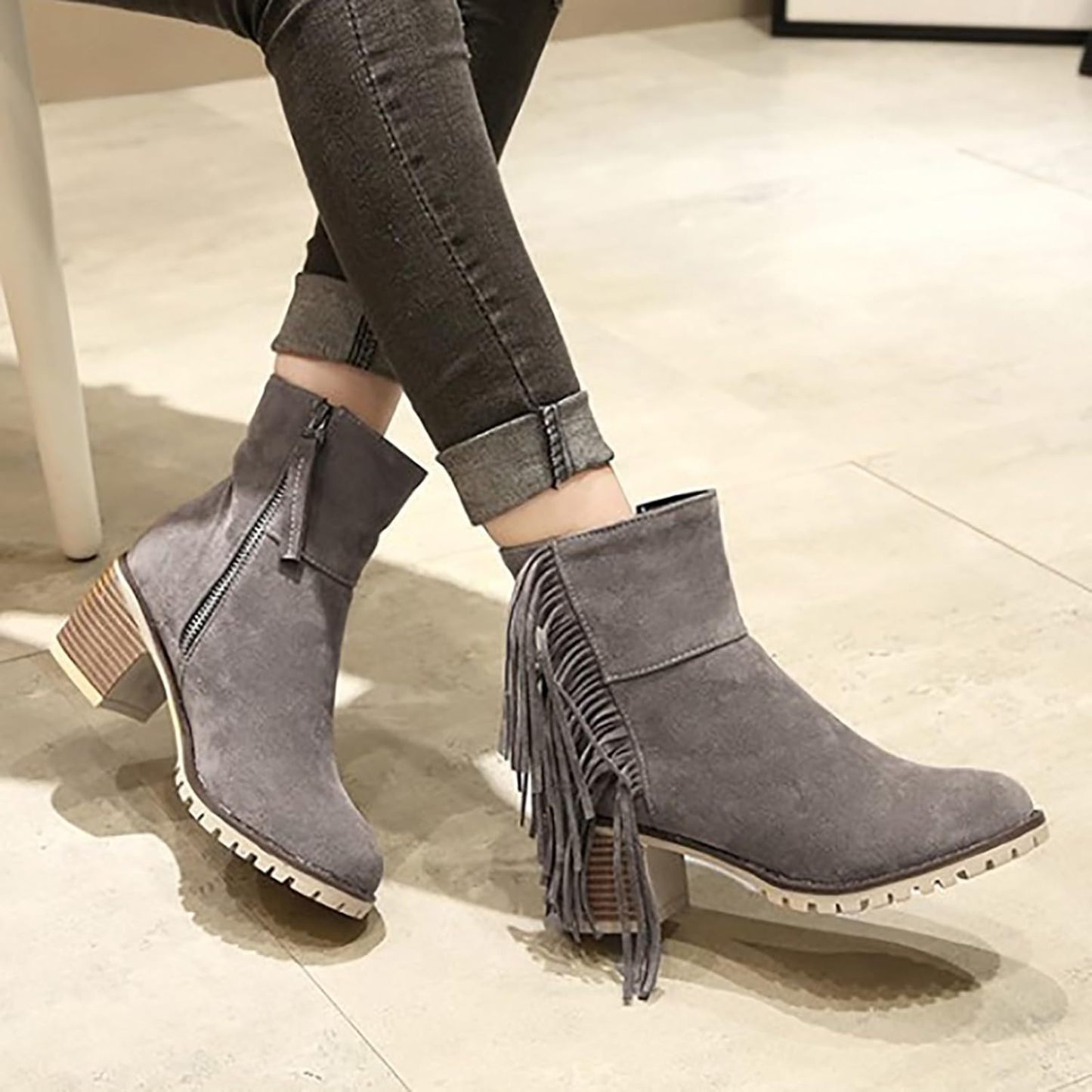 Women Shoes Fashion Ankle Long Boots Thick High Heels Over Knee Pleated Suede Long Boots Tan Flat Boots for Women