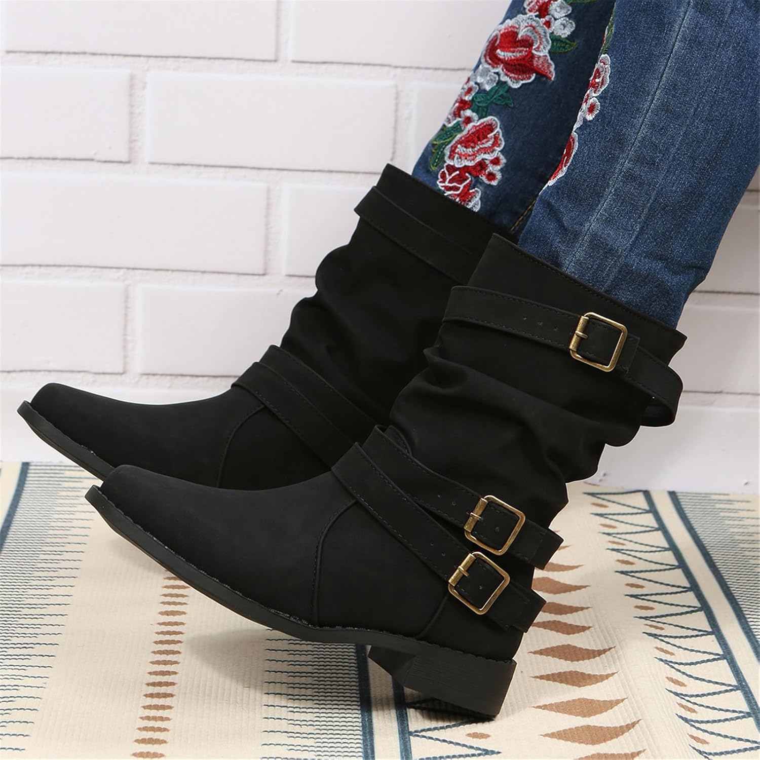Women's Vintage Buckle Ankle Boots 2025 New Combat Ankle Boots Fashion PU Leather Short Boots Autumn Winter Motorcycle Short Boots Casual Slip-On Ankle Boots Suitable for Outdoor Party